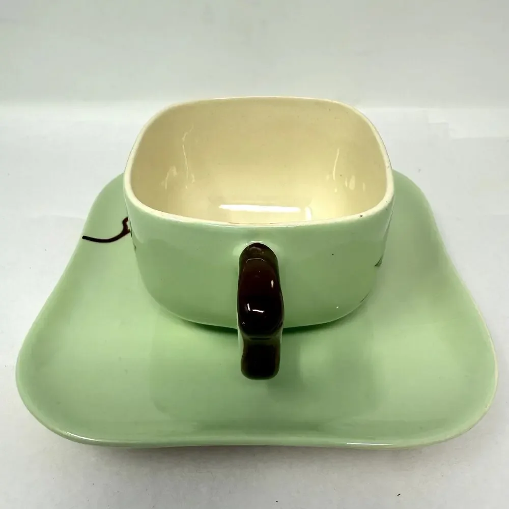 Weil Ware California Pottery Cup & Plate Set Hand Decorated Bamboo Lotus Vintage